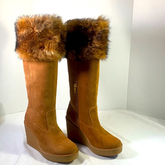 UGG Shoes - UGG Australia Valberg Chestnut Wedge Suede and Fur Cuffed Knee High Winter Boots
